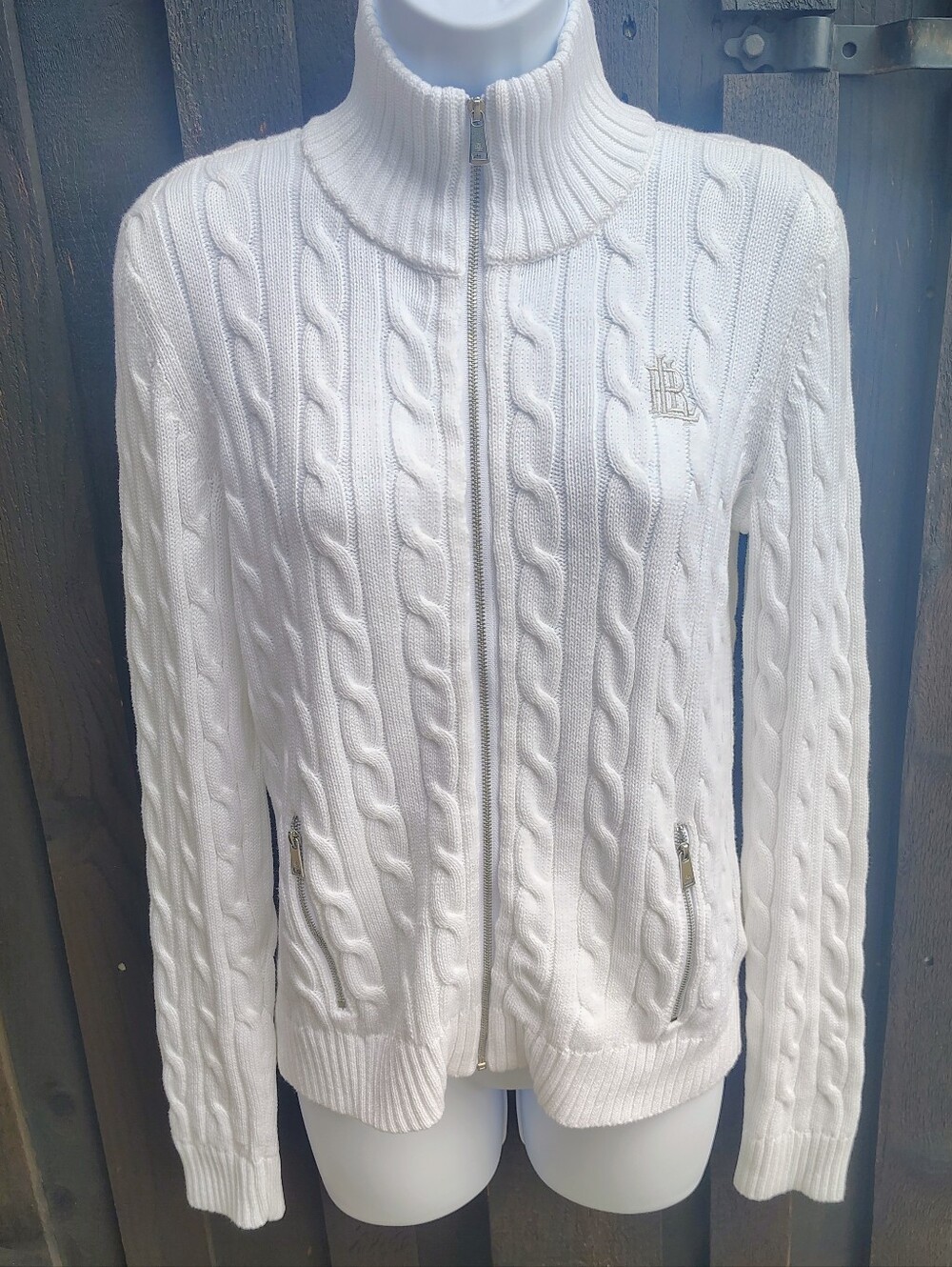 Ralph Lauren White Cable Knit Zip Sweater